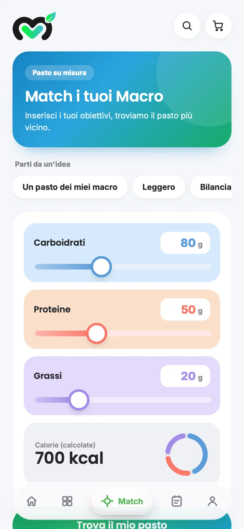 Schermata Match i tuoi macro dell'app